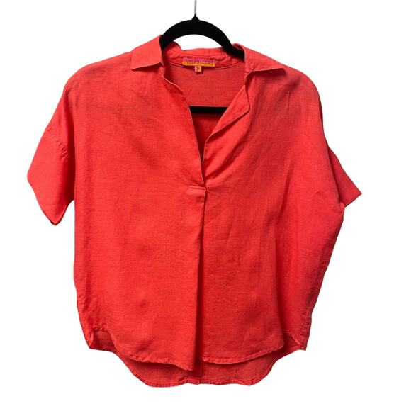 Vilagallo 100% Linen Split Neck Short Sleeve Popover Top Coral Red 36 / US 4 - Picture 1 of 6
